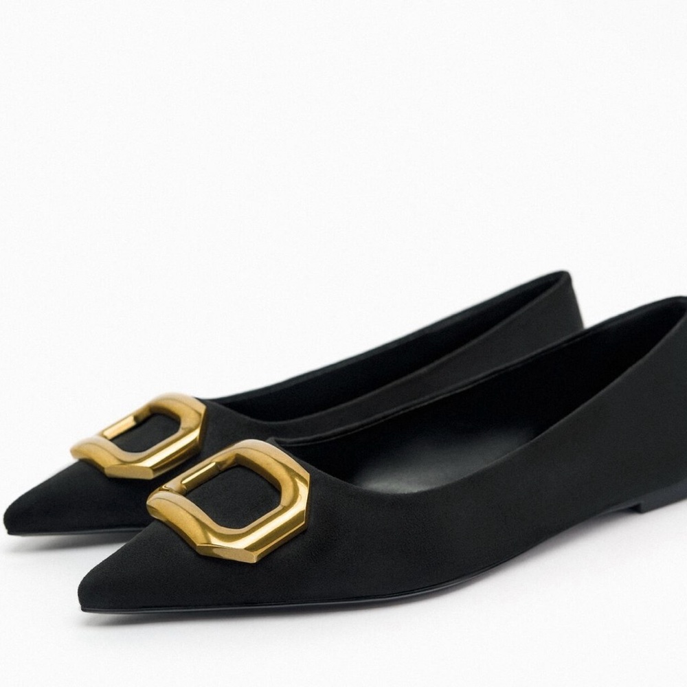 Zara Embellished Flats Black with Gold Detail 37